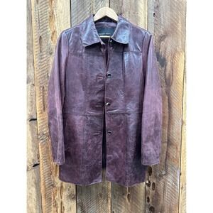 Andrew Marc Leather Coat Womens M Oxblood Wine Button Front Vampire Trench Style